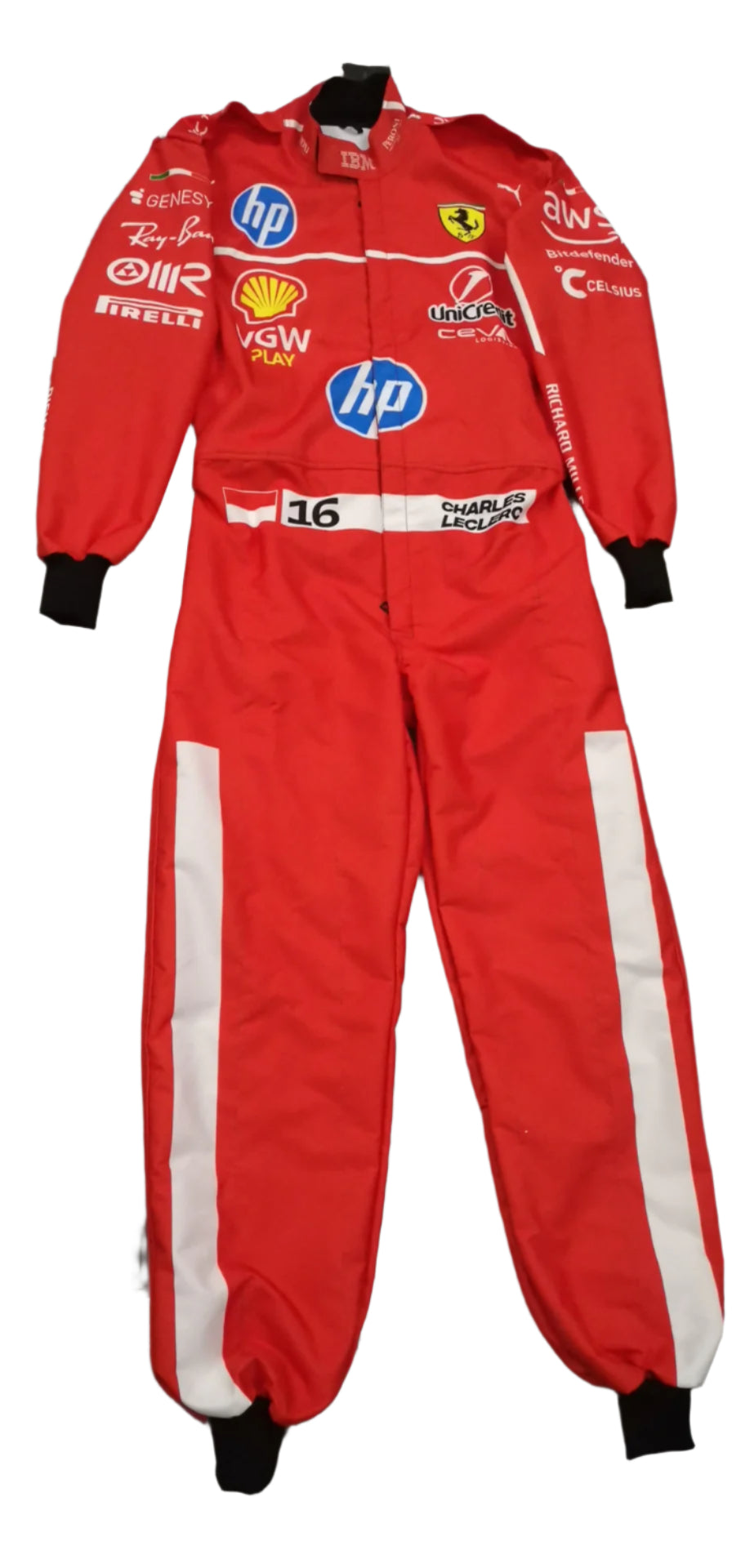 Red racing suit with multiple brand logos on a checkered floor