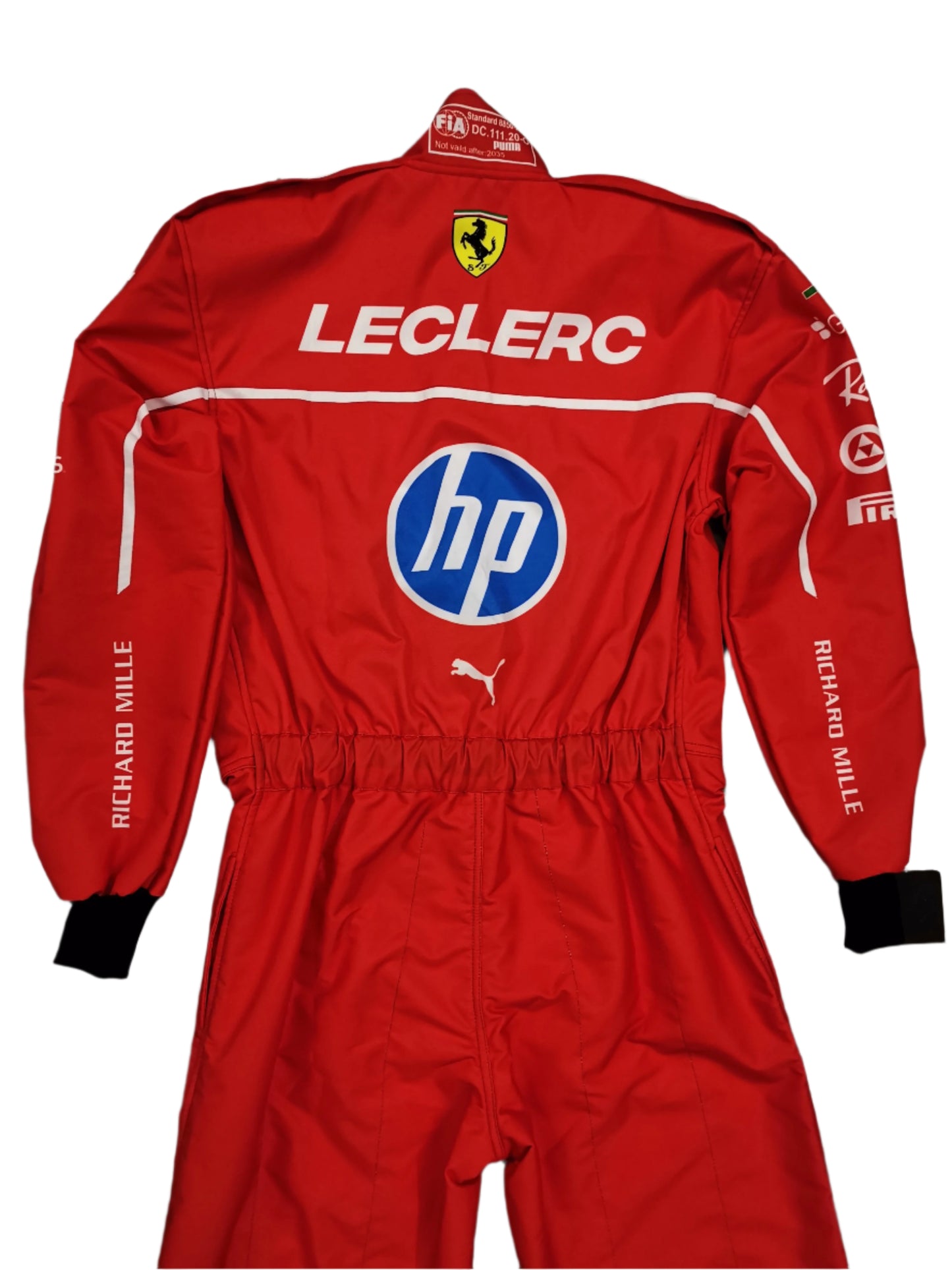 Red racing suit with various logos
