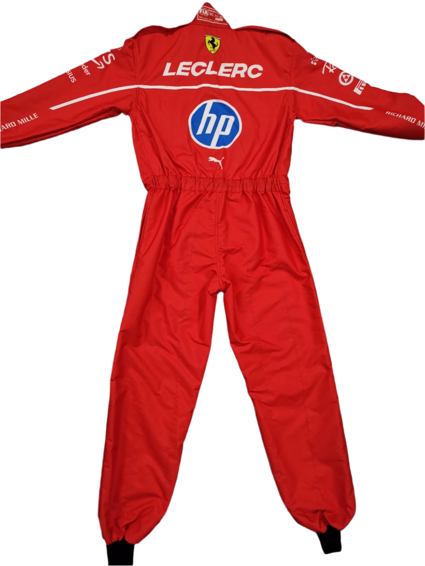 Red racing suit with Leclerc and HP logos
